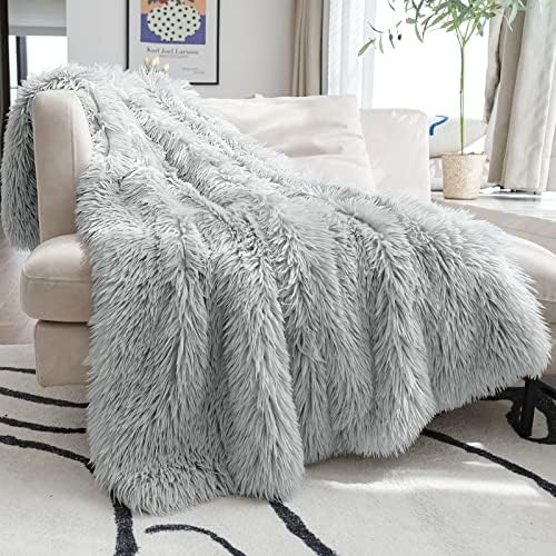 JONIYEAR Extra 2.8" Long Hair Fluffy Faux Fur Throw Blanket 50" x 60", Luxury Soft Decorative Fuzzy Furry Blanket for Couch Sofa Bed, Accent Cozy Plush Shaggy Blanket, Thick Warm Blanket, Winter, Grey