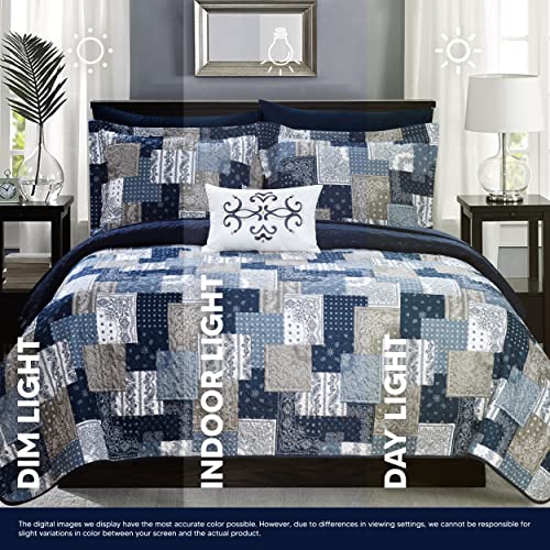 Chic Home Bqs11374-An Eliana 4 Piece Reversible Coverlet Set Embossed Patchwork Bohemian Paisley Print Quilted Design Bedding-Decorative Pillow Shams Included, King, Blue #TOP6