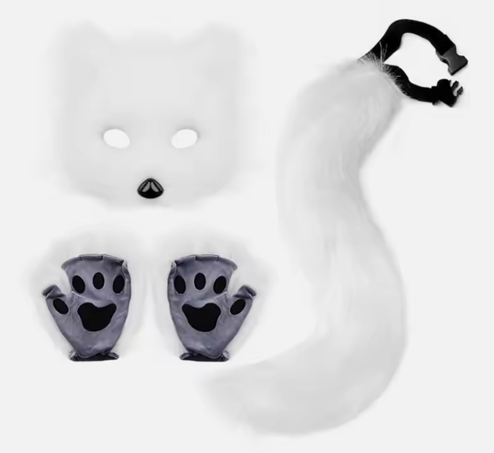 Faux Fur Wolf Tail Fluffy Cat Paw Gloves Cosplay Costume Furry Therian Mask Set Animal Dress Up Fancy Dress Halloween Party Costume Masquerade Mask Tail Kit Paw Claw Mittens Dress Up Accessories