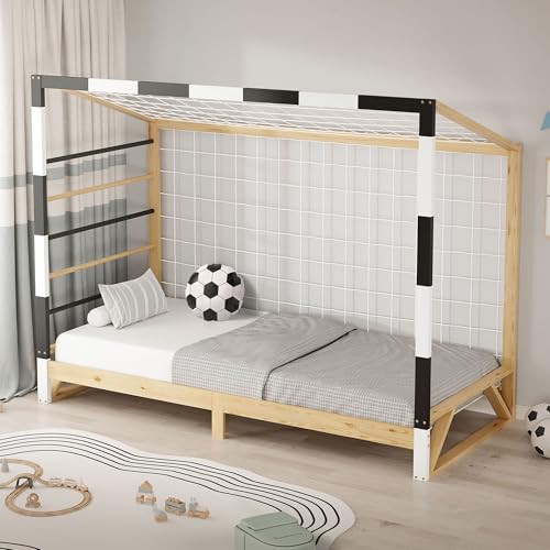 ML-Design Lit Enfant But de Football Handball, 90x200 cm, en Bois Massif, avec Sommier à Lattes, Échelle d'escalade et Filet, sans Matelas, Couchage Fille...