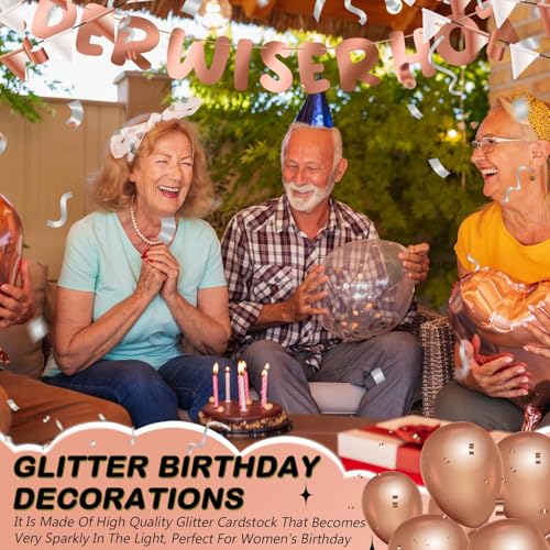 Image of Fulmoon Set of 3 Pre Strung Older Wiser Hotter Glitter Banner Funny Birthday Banner for Women 30th 40th 50th 60th 70th 80th Birthday Party Decorations Sign Gift(Bright Rose Gold)