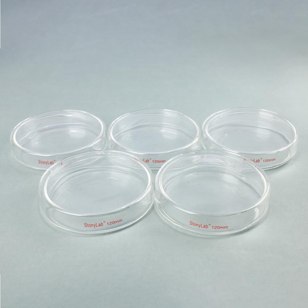 stonylab Piastra di Petri in Vetro con Coperchio, Confezione da 5 Vetro Borosilicato Piatto per Colture Cellulari Piastra di Petri Autoclavabile Trasparente per Laboratorio, 120x25 mm