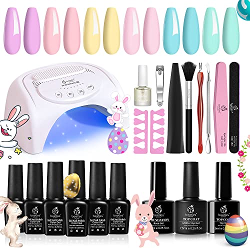 Beetles Pastel Gel Nail Polish Starter Kit with U V LED Light 48W Nail Lamp Base Gel Top Coat Soak Off Yellow Pink Blue Gel Polish Easter Decoration DIY Home Nail Art Mother's Day Gifts for Women