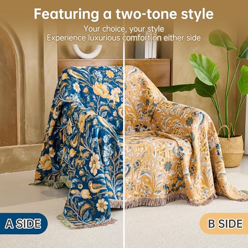 Image of VANJOROY Boho Throw Blanket King, 100% Organic Cotton Breathable Ultra Soft 91 inch x 98 inch Bed Quilt Throw - All Season Floral Rustic Farmhouse Decor Reversible Blanket for Sofa Couch Chair and Gift