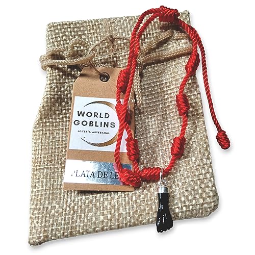 WORLD GOBLINS Pulsera Nudos Roja, Amuleto Plata 925, Mano Negra. Higa. Brujería, Suerte y Protección. Pulsera contra el Mal de Ojo para Parejas y Amistad. Ajustable. Regalos Originales Religiosos