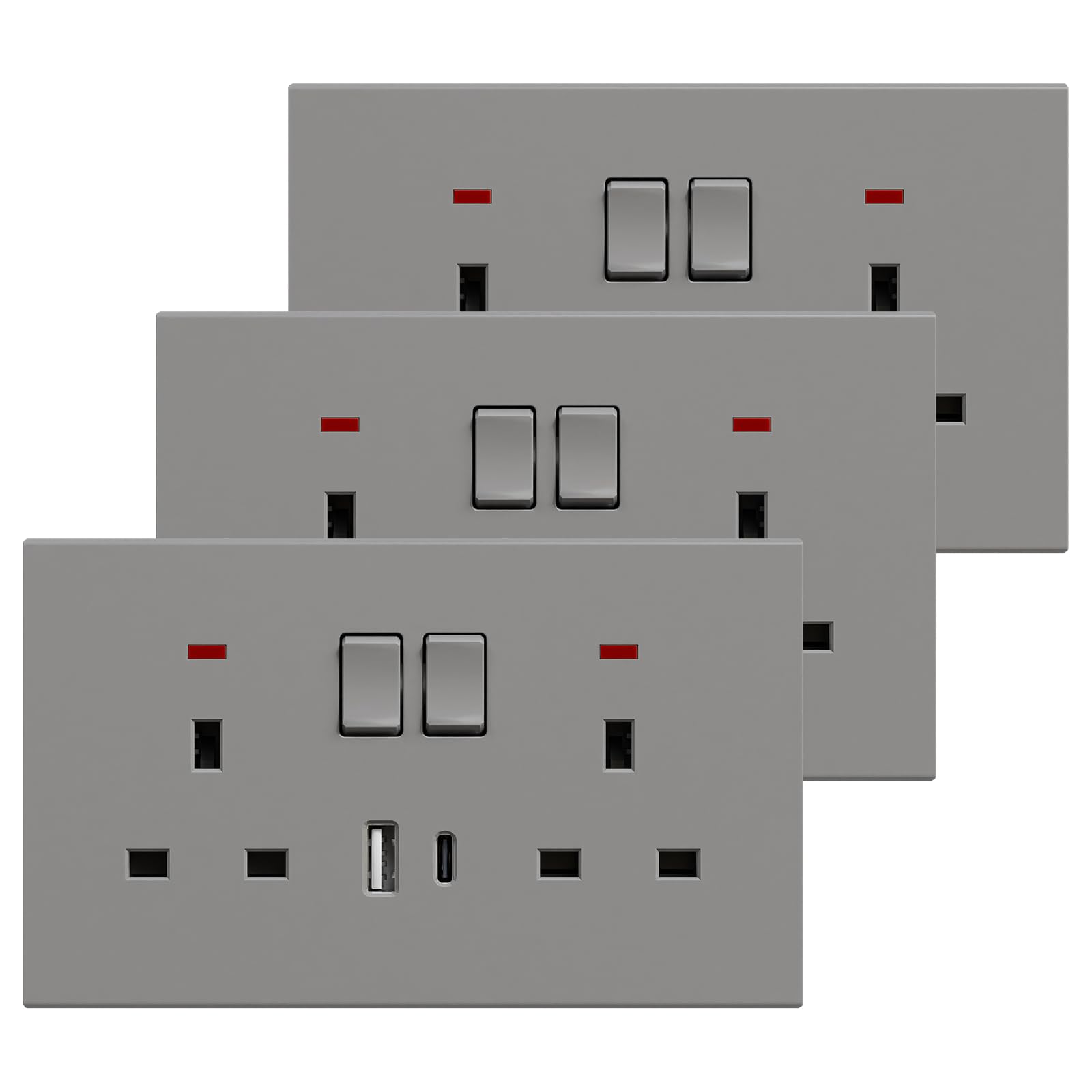 BSEED Double Socket with USB C 3 Pack, Electrical Double Switched Power Plug Wall Socket with LED Indicator, PC Wall Plate Outlet, Grey, 13A