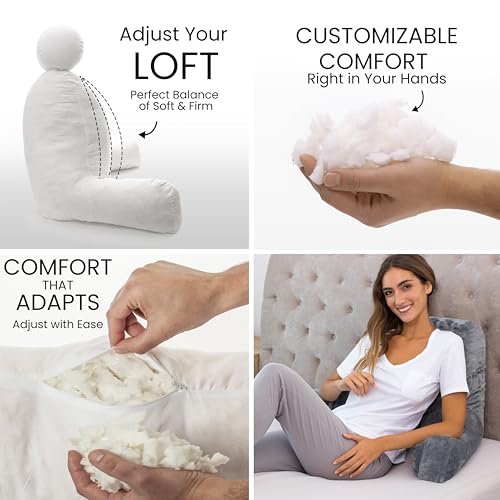Image of Husband Pillow Dark Grey, Standard+ Original Reading Pillow in Bed Rest Chair, Shredded Memory Foam Large Lounge Cushion Adult Backrest w /Arms, Comfy Back Support for Sit Sitting Up, Removable Cover