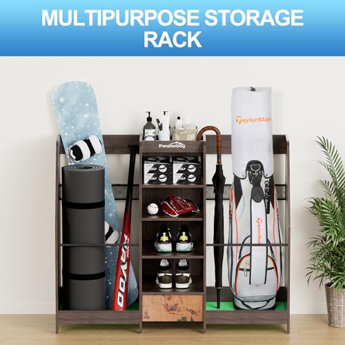Golf-Bag-Storage-Organizer-Holds-2-Golf-Bags-for-Garage-Wooden-Rack-Easy-Assembly-with-Drawer-12-Club-Holder-Shoe-Shelf-and-50-Balls-Basket-for-Garage-Simulator-Room-Home-or-Office
