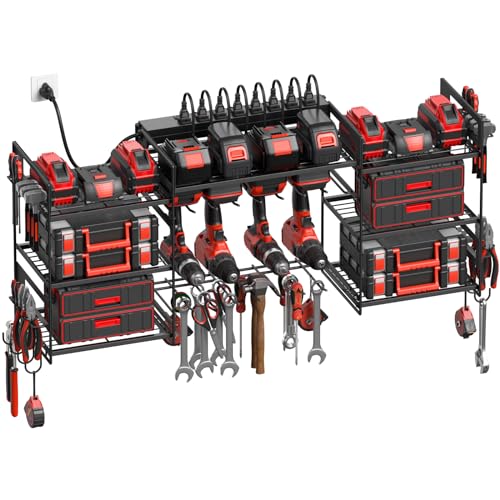 CCCEI Black Power Tool Organizer Wall Mount, Large Tools and Battery Storage Rack Charging Station Individual Switches. Drills Holder, Garage Utility Shelves with 6FT Power Strip. Gift for Men.