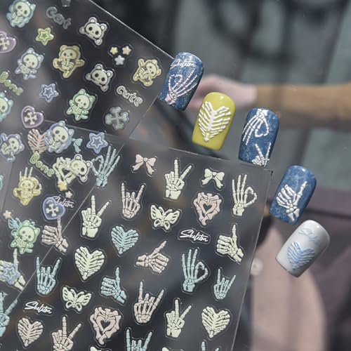 Image of Human Skeleton Nail Stickers Luminous Fluorescent Nail Art Stickers 5D Embossed Self Adhesive with Bones of Hand Design Goth Nails Decals for Women Manicure Decoration