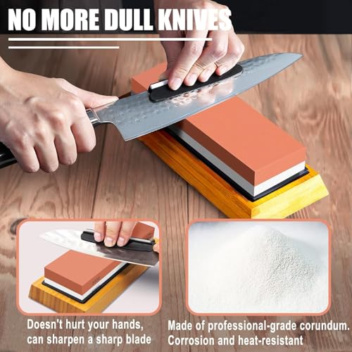 Image of Knife Sharpening Stone Set, Professional Whetstone 4 Side Grit 400 /1000 3000 /8000, Whetstone Knife Sharpener Stone Set Include Non-Slip Base, Leather Strop, Flattening Stone & Angle Guide