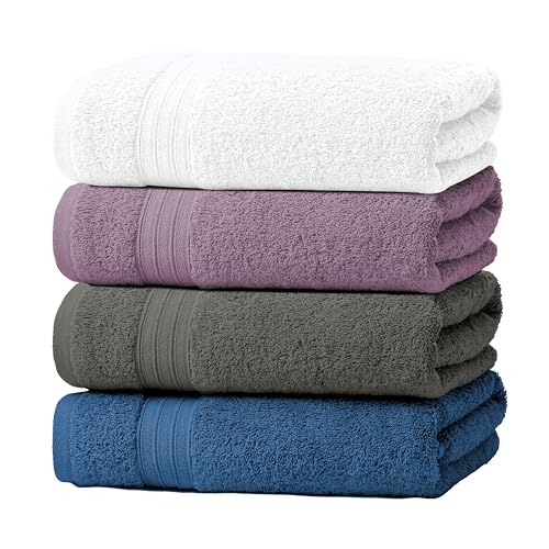 GraceAier バスタオル 綿100% ホテル仕様 4枚セット 大判 60×120cm 高級コーマ糸使用 中厚手 瞬間吸水 速乾 毛羽落ちが少ない 高耐久 部屋干し対応 業務用 家庭用 ギフト(ミックスカラー)