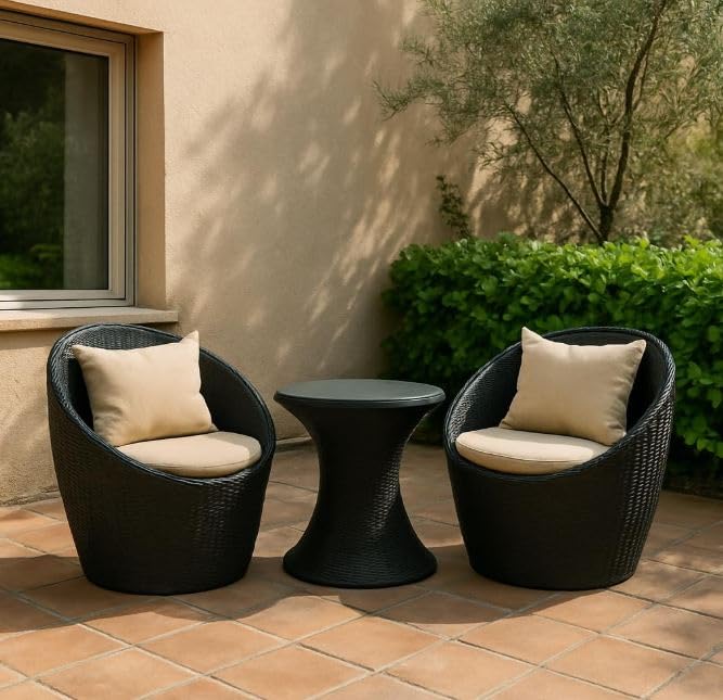 Image of India 2+1 Apple Patio Chair & Table Set with Cushion for Indoor Outdoor Seating Garden Balcony Patio Porch Lawn Living Room Coffee Furniture Set (Black and Cream Cushion)