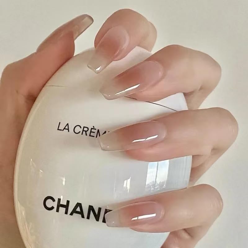 Clear Nude Ombre Press-On Nails – Long Coffin - Sheer Nude Gradient Fake Nails – Sleek Modern Look, Durable & Reusable – 24 PCs