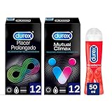  Durex Preservativos Placer Prolongado 12 Condones + Preservativos Mutual Climax 12 Condones + Durex Lubricante Fresa 50 ml