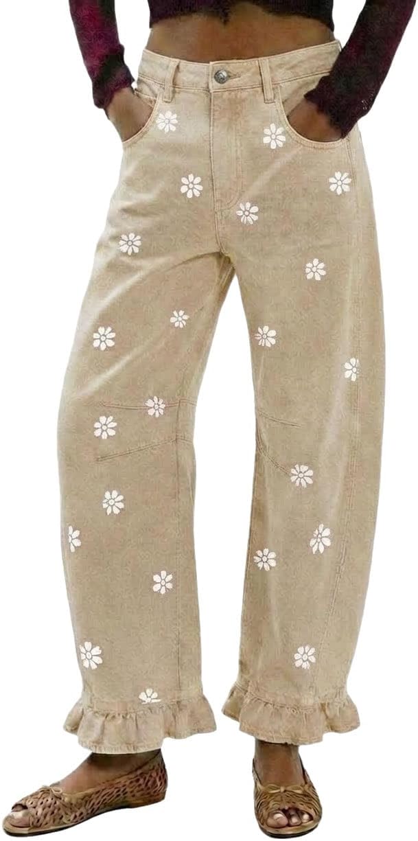 utcoco Women's Y2K Floral Print Barrel Jeans Boyfriend Wide Leg Patchwork Baggy Denim Pants