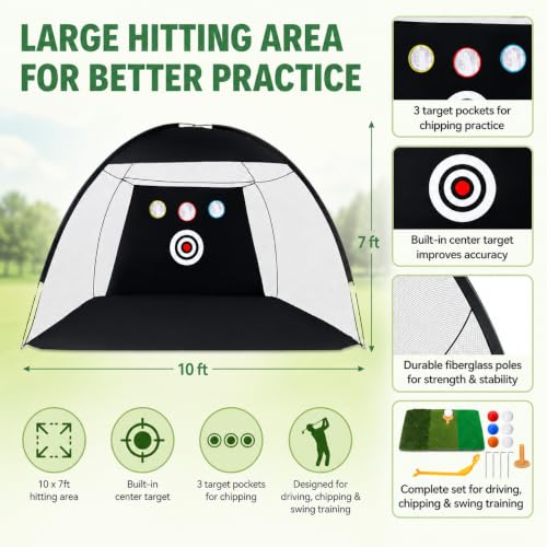 Golf Practice Net 10x7ft with Mat & Balls, Garden Golf Hitting Net for Driving & Chipping, Swing Trainer Aid, Portable Backyard Golf Training Net Indoor Outdoor with Carry Bag - Image 3