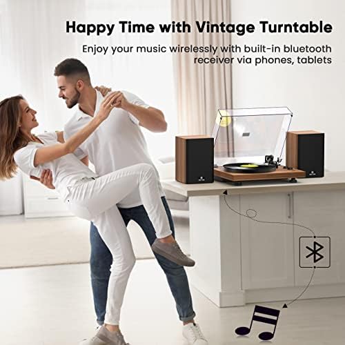 ANGLES HORN Record Player with Dual Bookshelf Speakers, Vinyl Player Turntable Bluetooth HiFi System, Home Audio Record Players with 2-Speed Belt Drive, Built-in Phono Preamp and AT-3600L Cartridge