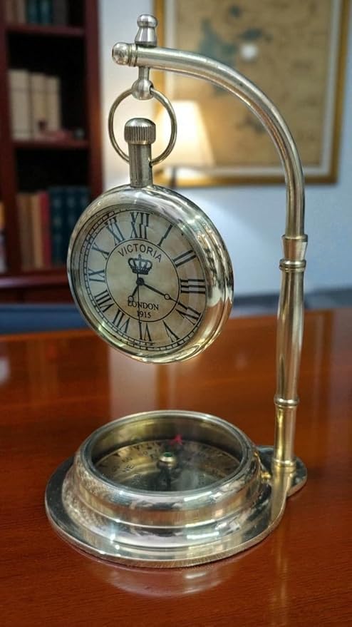 NN Nautical Victorian-Style Hanging Pocket Watch Decor with Compass at Base – Golden Finish Collectible-image-32