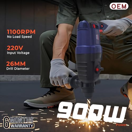 Image of OEM Professional 26MM Rotary Hammer Drill 900W Heavy-Duty 3-Mode Machine | Full Copper Motor | Forward /Reverse Function | Includes 3 Drill Bits + 2 Chisels | 6-Month Warranty
