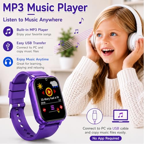 Image of Smart Watch for Kids, Girls Boys Smartwatch with 26 Games Camera Video Recorder and Player, Pedometer Calendar Flashlight, Audio Book etc., Gifts for 4-12 Years Children (Purple) | 26 Games, HD Touch Screen, Video Camera, Music Player, Alarm