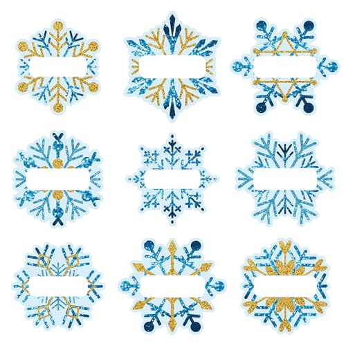 Image of Whaline 90Pcs Christmas Winter Name Tag Stickers Blue Gold Snowflake Shape Nameplates Xmas Self-Adhesive Gift Label Decals for Holiday Present Students Desk Classroom, 9 Designs