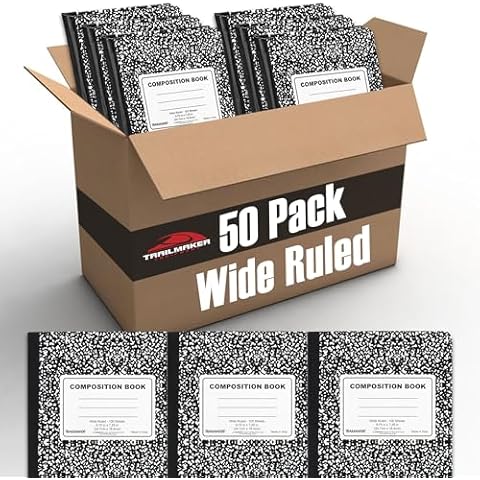 Trail maker 50 Pack Bulk Black and White Composition Notebook Wide Ruled, 200 Pages (100 Sheets), 9-3/4 x 7-1/2", Hard Cover Bulk School Supplies Marble Composition Books for School & Office Cover