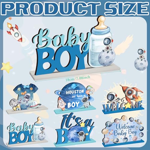 Image of Realspring 6 Pcs Space Baby Shower Wooden Table Decorations for Boy Themed Planet Astronaut Space Party Centerpieces Sign Home Decoration for It's a Boy Baby Shower Birthday Party Supplies