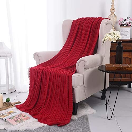JSHANMEI Cable Knit Throw Blanket Ultra Warm Soft Lightweight Sofa Throw Multi-Color Bed Blanket Cozy Throw Blanket,130x180cm(Red)