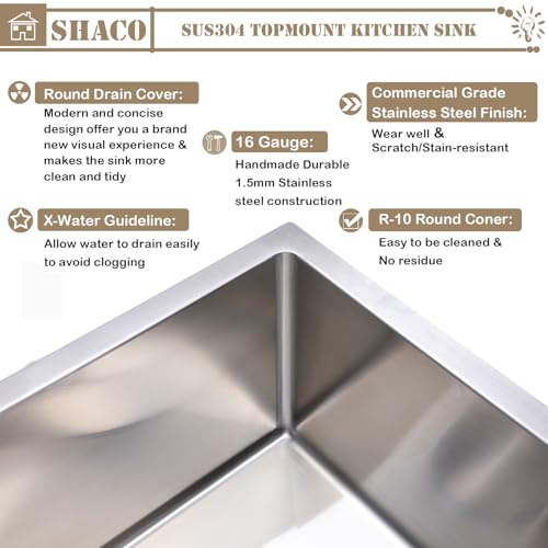 Image of SHACO 15x15 Inch Drop In Bar Sink, Topmount 16 Guage Handmade Stainless Steel Square Small Sink for Wet Bar Prep Small Kitchen RV Outdoor