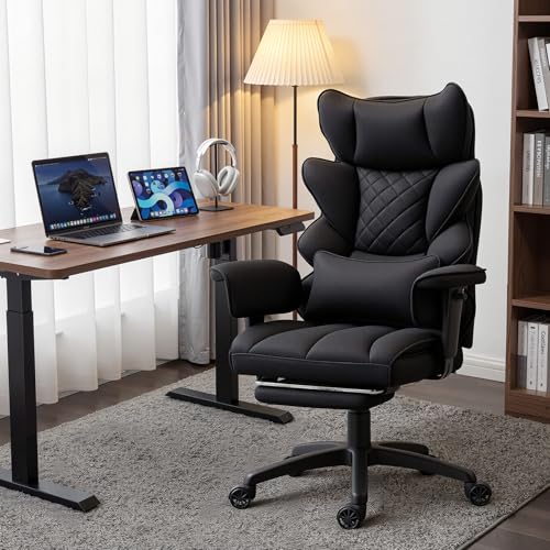 Dowinx Big and Tall Office Chair with Pocket Spring Cushion and Lumbar Support,High Back Computer Gaming Chair with Adiustable Ammrests,Executive Desk Chair with Footrest(Cloth-Bla image 1