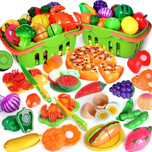 Image of 100 PCS Cutting Play Food Toy for Kids Kitchen, Pretend Food Toys for Toddlers, Play Kitchen Toys Accessories with 2 Baskets, Fake Food/Fruit/Vegetable, Birthday Gifts for 3 4 5 6 Years Old Boys Girls