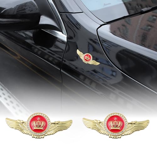 Image of 2PCS Wing Circular Crown Emblems,Crystal Diamond Crown Car Stickers Decals Decoration for All Car (Gold Red)