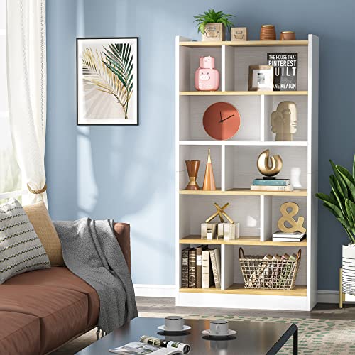 Tribesigns 6 Shelf Bookcase, 72 Inch Tall Wood Bookshelf Modern Bookshelves, Floor Standing Display Shelves Cube Storage Organizer For Living Room, Bedroom, Home Office, White&Brown #TOP2