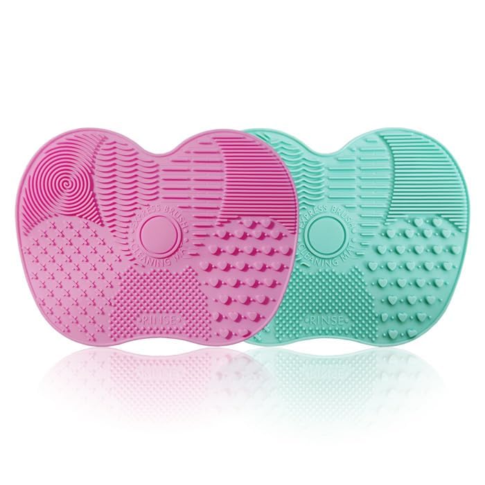 Makeup Brush Cleaning Mat, 2 Pack Silicone Brush Cleaner with 7 Textures, Pink and Green with Suction Cups for Professional Makeup Tools