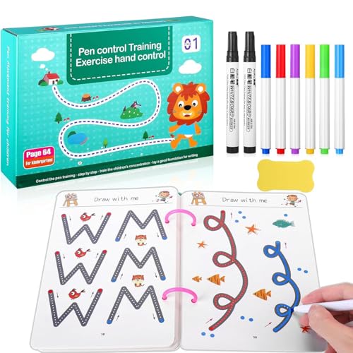 VICDUEKG Magische Übungshefte, Wiederverwendbares Vorschule Handschrift Nachziehen Heft ab 3-5 Junge & Mädchen, 64 Seite Magisches Heft für Buchstaben Lernen, Schreiben Lernen, Zahlen Lernen