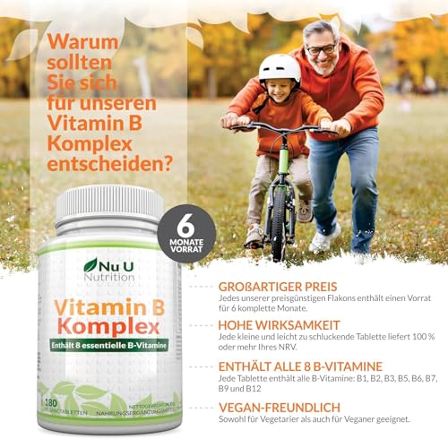 Vitamin B Komplex - 180 Vegan Tabletten - Alle 8 B Vitamine in einer Tablette - 6 Monate - Vitamine B1, B2, B3, B5, B6, B12, Biotin & Folsäure - Nahrungsergänzungsmittel von Nu U Nutrition