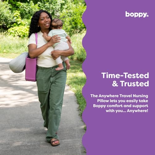 Boppy Anywhere Travel Nursing Pillow - Compact, Ergonomic Bottle & Breastfeeding Pillow with Snap & Loop Hanging Closure and Firm Hypoallergenic Fill, Baby Safety Alliance Verified - Gray 2.0