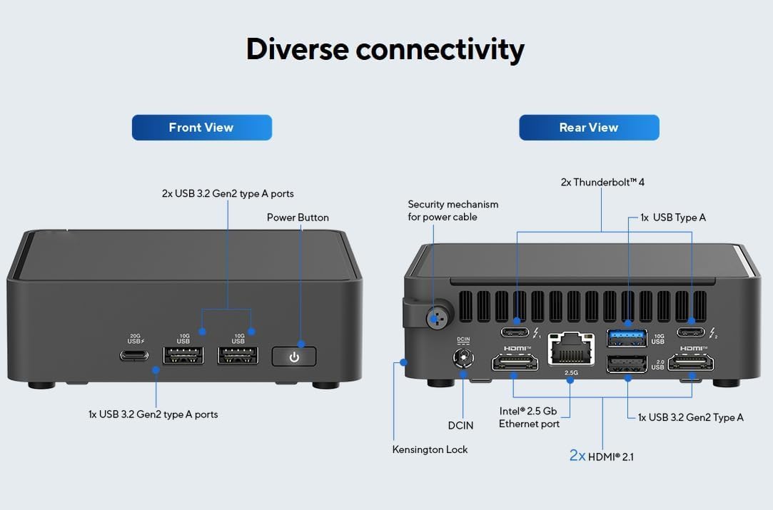 NUC 15 Pro NUC15CRKC7 Mini PC con Intel Core Ultra 7 240H, gráficos Intel Arc, pantalla Quad 4K, Thunderbolt 4, Wi-Fi 7, chasis de 0.48L sin herramientas para computación empresarial y Edge AI