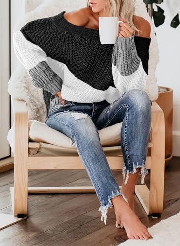 Image of VIMPUNEC Womens Off Shoulder Color Block Sweater Oversized Pullover Top