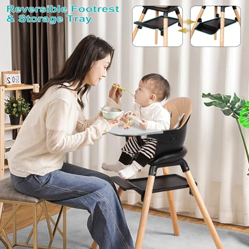 Image of High Chair, 6 in 1 Wooden Convertible High Chairs for Babies and Toddlers, Booster Seat with Double Tray & Reversible Footrest Baby Highchair, 5-Point Harness Baby Feeding Chair, Black