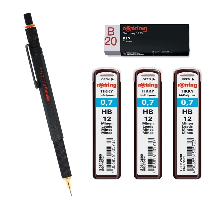 rOtring Portaminas 800 0,7 mm 1904446 - Negro | 3 recambios de mina Tikky, HB - 0,7 mm | Borrador B20