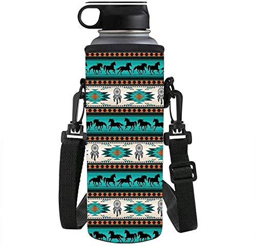 SEANATIVE Southwestern indianische Azteken-Pferde-Druck-Wasserflaschen-Tragetasche, Tasche, für Trinkflaschen, Türkis Cover