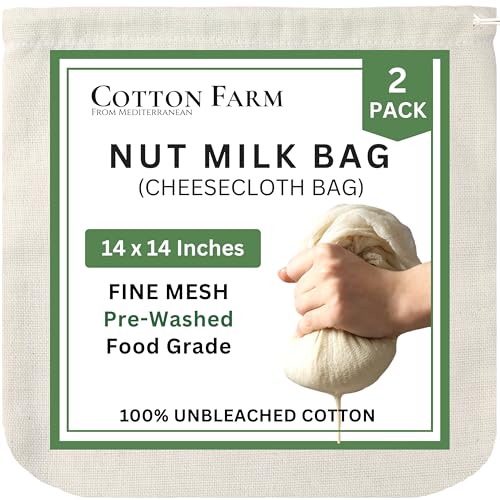 Cotton Farm - Ultra Dense Cheesecloth Bag - Nut Milk Bag - XL 14x14 Inch, All Purpose Cheese Making, Straining, Storage, Sprouting, 100% Unbleached Cotton, Washable & Reusable