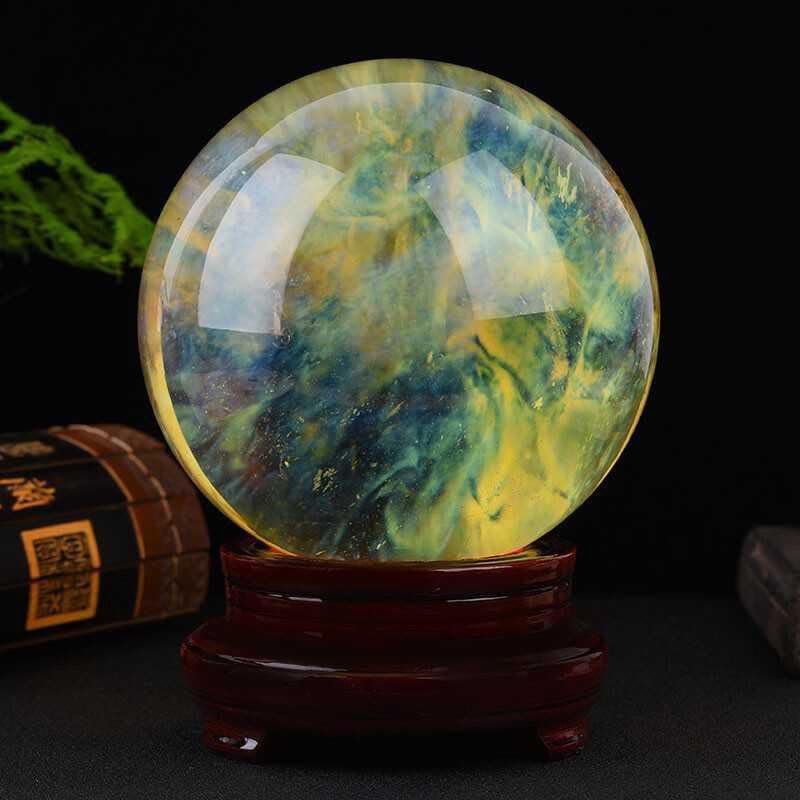 Boule de cristal jaune de fusion 140mm avec socle pour décoration et feng shui