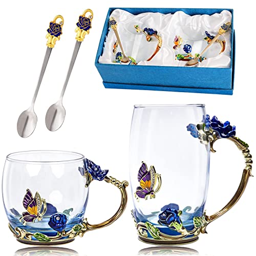 2 Pcs Flower Tea Cup, Butterfly Rose Clear Glass Fancy Coffee Mug with Spoon, Elegant Design, Ideal for Juice, Hot and Cold Drinks (Blue)