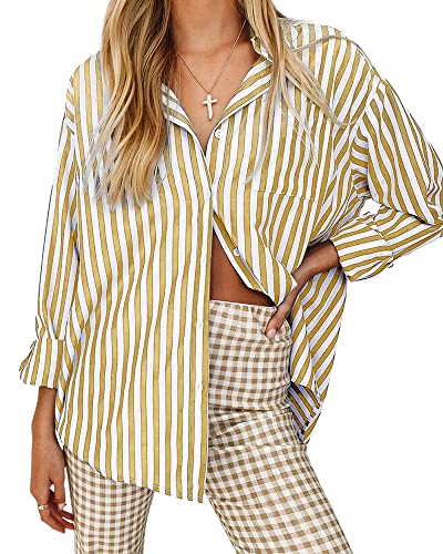 Women's Blouses Striped Long Sleeve Shirts Button Down Loose Fit ...