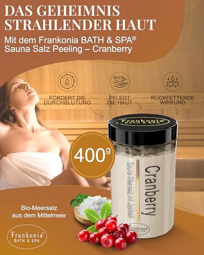Frankonia BATH & SPA Sauna Salz Peeling Cranberry – 400 g Meersalz-Körperpeeling mit Jojobaöl & Vitamin E – Dusch- & Body Scrub für alle Hauttypen – Vegan & ohne Parabene – ohne Microplastik