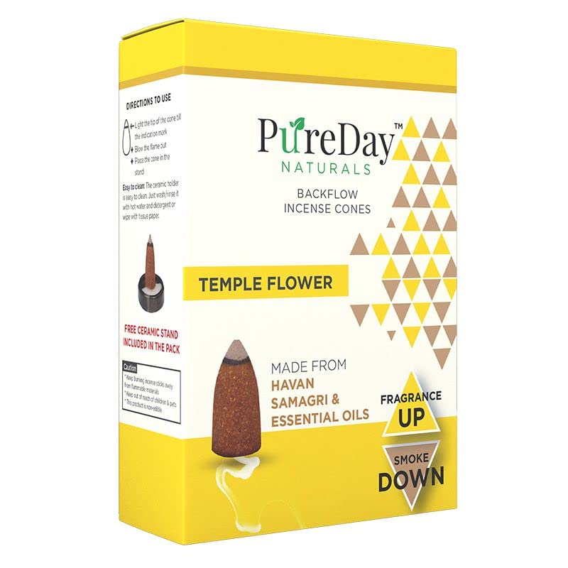 PureDay Temple Flower Backflow Incense Cones Havan Samagri | Pack of 2 |Free Cone Holder | No Charcoal Long Lasting Fragrance of 30 Cones in Each Pack