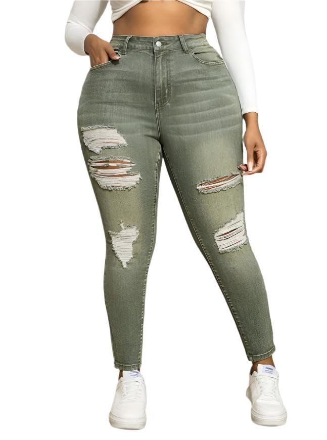 Plus Size High Waist Stretchy Distressed Skinny Denim Jeans – Ripped Design, Medium Stretch Fabric, Multiple Colors3